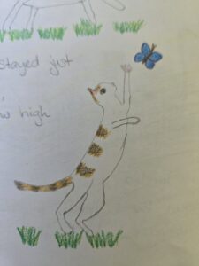 Sketched and colored pencil drawing of a ginger and white striped cat leaping up to swat at a blue butterfly.